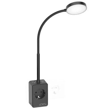 PRINCEWAY LED Steckdosenlampe Leselampe Schwanenhals Dimmbar, Schlafzimmer Wand Lampe Schwarz mit Stecker und Steckdose, Zwei Berührungsschalter, 3er Lichtfarben Modi, USB Ausgangs Ladefunktion