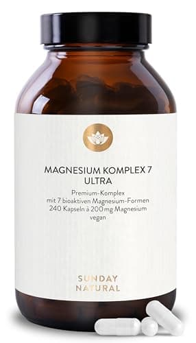SUNDAY NATURAL® Magnesium Komplex hochdosiert – 240 Kapseln - 400mg pro Tag - aus 7 Verbindungen: Magnesium Bisglycinat, Citrat, Malat, Laktat, Ascorbat, Oxid, Lysinat - Vegan, laborgeprüft