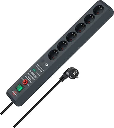 Brennenstuhl Secure-Tec Steckdosenleiste 6-fach mit Überspannungsschutz und akustischem Warnsignal (Mehrfachsteckdose mit 3m Kabel und Schalter) anthrazit