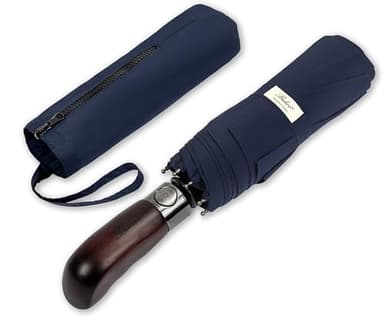 Balios® Regenschirm Mit Echtem Holzgriff -Optional | Auf Zu Automatik | Sturmfest & Windsicher | Taschenschirm Für Herren & Damen (Designed in Britain) (Dunkles Marineblau)