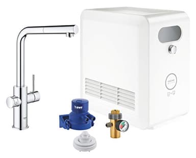 GROHE Blue Professional, Küchenarmatur mit Sprudel-, Kühl- & Filterfunktion (Wasserhahn für gefiltertes, kühles und sprudelndes Trinkwasser, herausziehbarer Auslauf, mit CO2 Flasche) chrom, 31326002