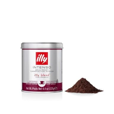 illy, Gemahlener Kaffee für Espresso INTENSO, 100% Arabica mit Aromen von Kakao und Trockenfrüchten, Vollmundiger und Kräftiger Nachgeschmack, 1 Dose mit 250g