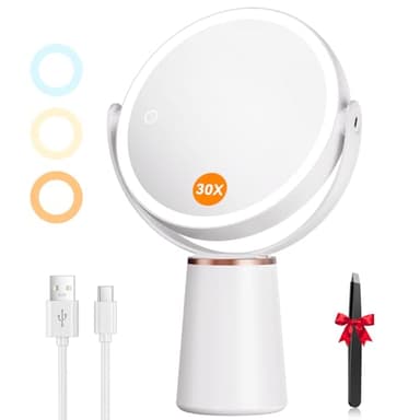 Auxmir Kosmetikspiegel mit Beleuchtung 30X/1X Vergrößerung, Schminkspiegel 3 Lichtfarben USB Aufladbar, Vergrößerungsspiegel mit Licht Touch Dimmbar, Tischspiegel Spiegel 360° Drehbar für Schminktisch