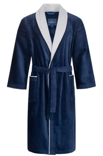Morgenstern Bademantel Herren 100% Baumwolle Frottee Velours Saunamantel Schalkragen Lang für Sauna Spa Reha Pool Wellness - Oeko Tex Marineblau/Hellgrau L Sam