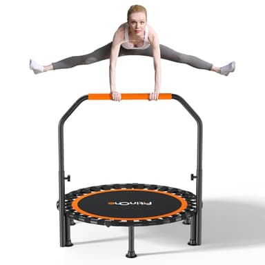 FitinOne 150KG Ø 101CM Faltbares Mini-Trampolin mit Bungee Bänder, 5-Fach Verstellbarer Schaumstoffgriff, Stabiler und leiser Fitness Indoor-Trampolin für Kinder und Erwachsene