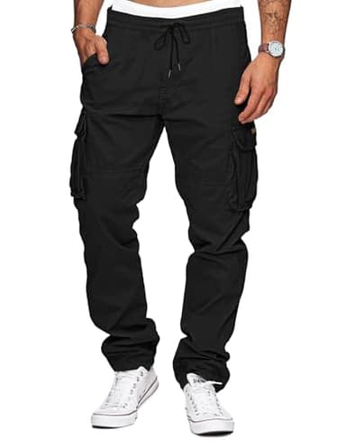 TARAINYA Cargohose Herren Baumwolle Baggy Hosen Stretch Outdoorhose mit Kordelzug und Taschen Schwarz L