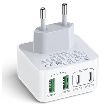 USB C Ladegerät, 40W 4-Port Mehrfach Ladegerät mit USBC und USBA, USBC Schnellladegerät PD 3.0 Power Adapter USB Netzteil für iPhone 16 15 14 13 12 11 Pro Max SE 2020 XS XR X 8 7 6 Plus, Samsung