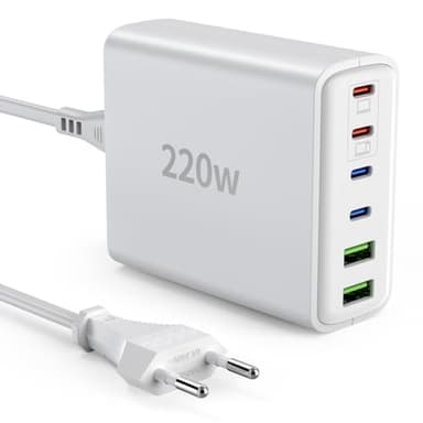 Ombrex USB Ladegerät Mehrfach 220W, 6 Ports USB C Schnellladegerät - QC Charger + PD Netzteil für iPhone 17/16/15, MacBook Pro/Air, Samsung, iPad, Pixel (4 C-Port + 2 A-Port) Weiß