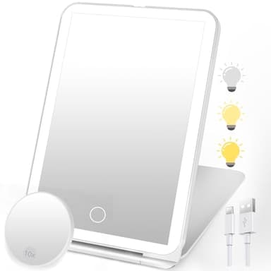 SURFOU Kosmetikspiegel mit Beleuchtung, Wiederaufladbar, faltbar & Ultraschlanker, 3 dimmbare Lichtfarben, Touchscreen und 10x Mini Vergrößerung, Perfekt für Reise und Zuhause (Weiß)