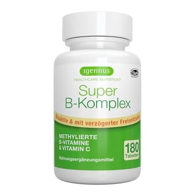 Igennus Super B Komplex Hochdosierter Methylierter B-Vitamin Komplex, 180 Tabletten, mit vollständigem Spektrum an B-Vitaminen, Methylcobalamin, Methylfolat & Vitamin C, Clean Label, Vegan
