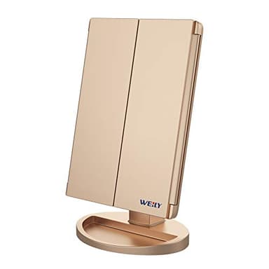 WEILY Schminkspiegel mit Beleuchtung, Kosmetikspiegel mit 1X/2X/3X Vergrößerung, Faltbare Schminkspiegel mit LED-Beleuchtung und Touchscreen, Tischspiegel Unterstützung USB und Batterie (Golden)