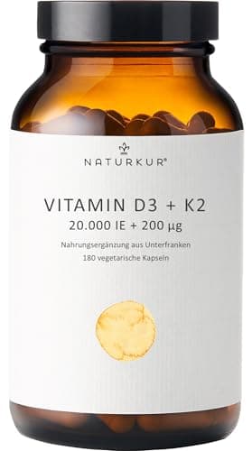 Naturkur® Vitamin D3 20.000 I.E. + Vitamin K2 MK7 200 mcg - 180 Kapseln im Apothekerglas - Ohne unerwünschte Zusatzstoffe, in Handarbeit hergestellt in Unterfranken