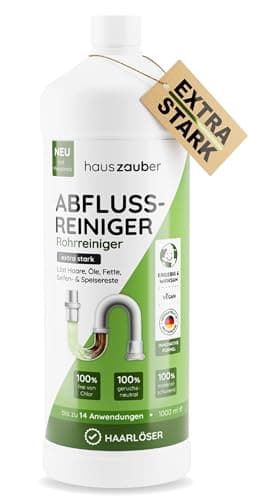 hauszauber - Abflussreiniger [EXTRA STARK] 1000 ml - Löst Speisereste, Öle, Fette & Haare - Profi Rohrreiniger für Badewanne, Waschbecken, Dusche, Siphon, Bad und Küche - Abflussfrei & Haarweg