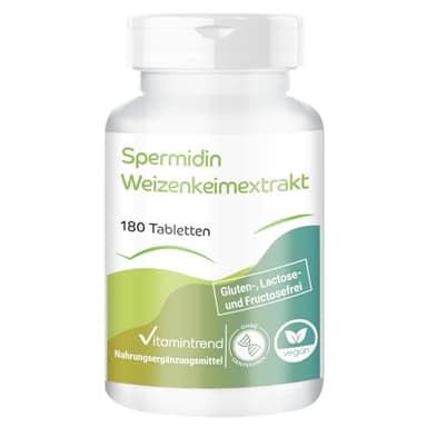 Vitamintrend Spermidin Weizenkeimextrakt, 180 Tabletten, 6mg Spermidin pro Tablette, Polyaminverbindung, hochdosiert, Nahrungsergänzungsmittel vegan ohne Magnesiumstearat, in Deutschland hergestellt