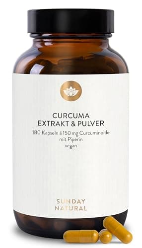 SUNDAY NATURAL® Kurkuma Kapseln hochdosiert – 10.669 mg Kurkuma pro Kapseln - 180 Curcuma Kapseln hochdosiert - 150 mg Curcumin – 95 % Curcuma Extrakt + Bio-Piperin – Laborgeprüft, vegan