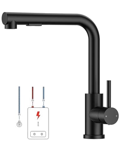 FORIOUS Niederdruck-Küchenarmatur, Einhebel-Warm- und Kaltwasserhahn, Wasserhahn mit 3 anschluessen fuer boiler, geeignet für Boiler und Untertischboiler, Mat Zwart