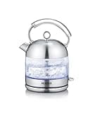 SEVERIN Retro Glas Wasserkocher, XXL-Füllvolumen von 1,7L, leistungsstarker und kompakter Wasserkocher im hochwertigen Retro-Design, elektrisch, Glas/Edelstahl-gebürstet, WK 3459