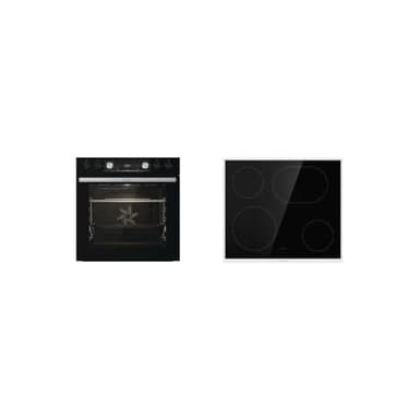 Gorenje Einbau-Herd-Set Black Set 4 mit Glaskeramik-Kochfeld, Heißluft, 77 Liter, ExtraSteam, GentleClose & Open, EcoClean, AirFry, PizzaMode, PerfectGrill, Teleskopauszüge, Schwarz