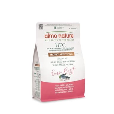 Almo Nature HFC Our Best - Highly Appetizing - Trockenfutter für Katzen - Frischer Lachs - Lebensmittelqualität, Glutenfrei, Monoprotein, Sehr Schmackhaft - 300g