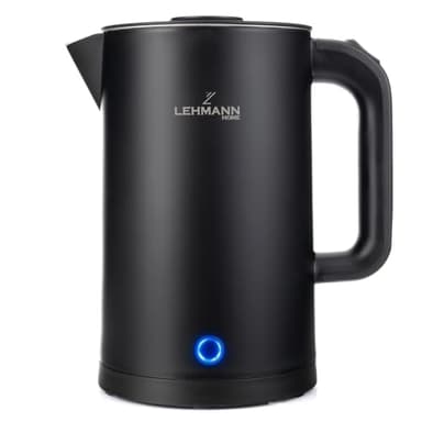 LEHMANN Elektrischer Wasserkocher Edelstahl 1,7L, 2200W, Schnelles Aufheizen, Doppelwand Design, Abschaltautomatik und Überhitzungsschutz, BPA-frei, für Babynahrung, Tee und Kaffee, Schwarz
