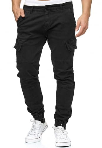 Indicode Herren August Cargohose aus Baumwolle mit 6 Taschen | Cargo Chino Hose f. Männer Black, L