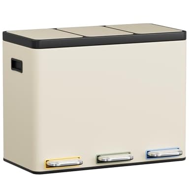 Clevich Mülltrennsystem 3×15L aus Stahl, Mülleimer 3 Fächer mit farbcodierten Pedalen, Abfalleimer mit Soft-Close-Deckeln und Inneneimern, Beige