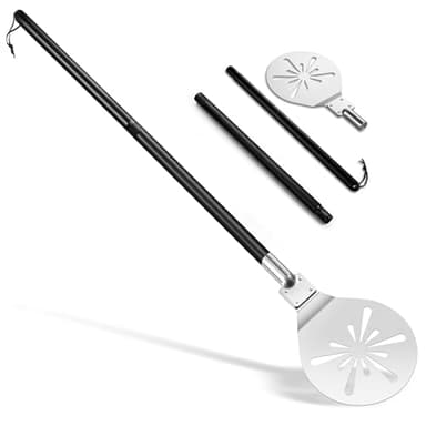 TEAMFAR Perforierter Pizzaschieber, 17,8 x 19,8 x 110 cm Rund Edelstahl Pizza Schieber mit Abnehmbaren Griff zum Leichten Gleiten auf Pizzastein, Pizzaschaufel für Grill Pizzaofen, Leicht zu Reinigen