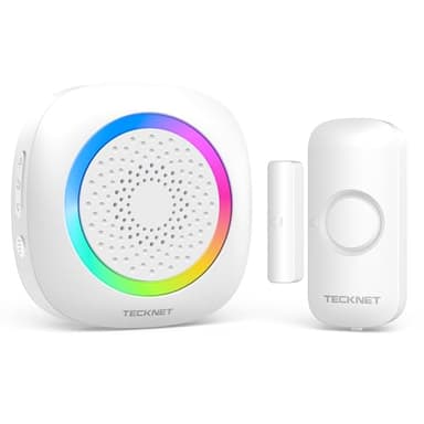 TECKNET Tür Fenster Sensor Klingel, Tür Fensteralarm Funkklingel mit 300M Reichweite, 61 Klingeltönen und RGB Licht, Türsensor Alarmklingel für Häuser, Geschäft und Büro, weiß