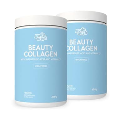 Bodywish Hydrolysiertes Kollagen Pulver Hochdosiert (2x 450g) | Premium Hyaluron Pulver hochdosiert, Biotin Vitamine & Mineralstoffe | Beauty Kollagen Hydrolysat | Glow Collagen Peptide Typ 1 & 3