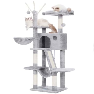Hey-Brother Kratzbaum, 135 cm Indoor Katzenbaum, Mit gepolsterter Plattform Bett, Spielzeug Ball, Höhlen, Hängematte und Sisal Kratzbaum Katzenhaus, Hellgrau MPJ019-SW