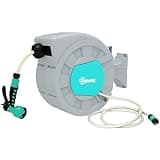 Outsunny Schlauchtrommel mit Gartenschlauch 20m, 180° schwenkbar Schlauchbox, Schlauchaufroller zur Wandmontage, Wasserschlauchaufroller mit automatische Aufrollung, 7-Funktionen Handbrause, Grau