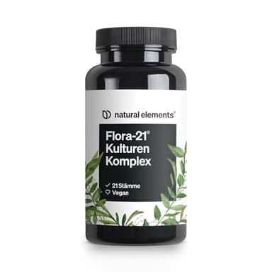 natural elements Flora 21® Kulturen Komplex – 21 Bakterienstämme + Bio Inulin – 60 magensaftresistente Kapseln – Laborgeprüft, vegan, hochdosiert und in Deutschland produziert