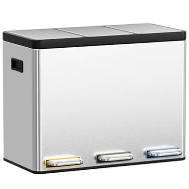 Clevich Mülltrennsystem 3×15L aus Stahl, Mülleimer 3 Fächer mit farbcodierten Pedalen, Abfalleimer mit Soft-Close-Deckeln und Inneneimern, Silber