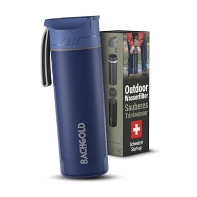 Bachgold® Profi Outdoor Wasserfilter Flasche I Entfernt 99,99% aller Bakterien und filtert Mikroplastik, Partikel und Chlor I Blackout & Krisensicher (Blau, 500ml)