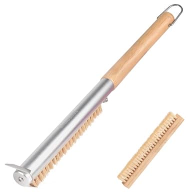 Manucode Pizzaofen Bürste mit Schaber, 52 cm Pizzastein Bürste mit Naturborsten (Sisal) für Heiße Pizzasteine Reinigung, Pizzaofen Besen mit Holzgriff & Ersatzkopf für Gas- & Elektro-Pizzaöfen