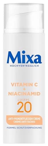 Mixa Anti-Pigmentflecken Creme, Für ungleichmäßige, fahle und sensible Haut mit Vitamin C und Niacinamid, Geeignet für Gesicht & Hals, LSF 20, Hypoallergen, 50 ml