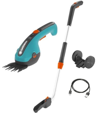 Gardena Set Akku-Grasschere ClassicCut Li: Rasenkantenschere mit 8 cm Schnittbreite und Teleskopstiel mit Rädern, Komforthandgriff mit LED-Ladezustandsanzeige, Messerwechsel ohne Werkzeug (9886-20)
