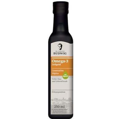 Dr. Budwig Premium Omega 3 Öl Vegan (250ml) - Zellgold für die Generation 50plus - hochdosiertes natürliches DHA & EPA - Algenöl, Leinöl Bio & Sanddornöl Bio - hochdosiertes DHA & EPA - flüssig