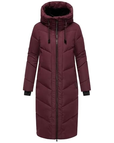 MARIKOO Damen Wintermantel warmer Steppmantel lang mit verstellbarer Kapuze und hohem Kragen Nadaree XVI Wine Gr. L