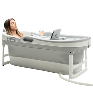 HelloBath® Faltbare Badewanne XL 148x63x52 cm für Erwachsene | Tragbare Badewanne mit Badekissen, Aufbewahrungstasche, LED-Lampe & Massagerollen | Mobile für Dusche & Outdoor | HellGrau