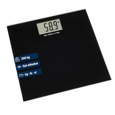 TFA Dostmann Digitale Waage Step Plus, Personenwaage, bis 200kg, schlichtes Design, schwarz, Kunststoff, Trittfläche aus gehärtetem Glas, L340 x B336 x H35 mm, L 320 x B 320 x H 22 mm
