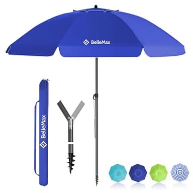 BelleMax Sonnenschirm Strand Windfest Stabil mit Bodenhülse & Schutzhülle 30° knickbar Sonnenschirm klein Rund Strandschirm Gartenschirm Marktschirm Sonnenschutz UV50+ Blau 180 cm