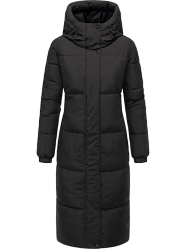 Navahoo Damen langer Wintermantel warmer Steppmantel mit 2-Wege-Reißverschluss und verstellbarer Kapuze Taublüte XIV Black Gr. M