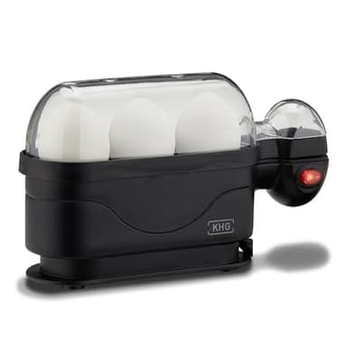 KHG Eierkocher | für 3 Eier, Aluminium Schwarz | mit Warmhaltefunktion im modernen Design sehr einfache Bedienung mit Alarmfunktion 380 Watt, platzsparend, TÜV Siegel, Messbecher