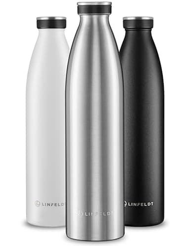 LINFELDT 1L Trinkflasche Edelstahl Isoliert 24H Auslaufsicher + Sprudel - 1000ml Wasserflasche geignet für Sport und Kohlensäure - 24H Kalt & 12H Heiß - BPA Frei - Ergonomisch in Edelstahl