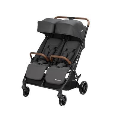 Bebeconfort Mane, Duo Geschwisterwagen, 0+ bis 22 kg, Automatisches Klappsystem, Liegeposition, Drehbare Sicherheitsbügel, 5-Punkt-Gurt, Mesh-Fenster, Regenverdeck, Tasche (8 kg), Mineral Graphite