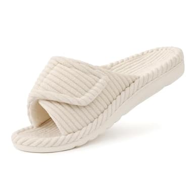 Litfun Orthopädische Damen Hausschuhe mit Memory Foam fussbett, Arch Support Verstellbarer Klettverschluss pantoffeln, Cord offene Zehen slipper Indoor Outdoor, Beige 39 EU
