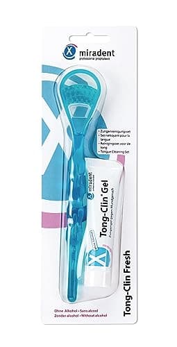 miradent Tong-Clin Fresh Set Zungenreiniger mit Doppelfunktion und Zungenreinigungsgel 15 ml | abgestimmtes Zungenreinigungsset zur sanften Beseitigung von Zungenbelägen und Mundgeruch | alkoholfrei