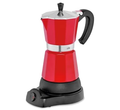 cilio Espressokocher Classico für 6 Tassen | elektrisch 480W | Ø 11,5 cm Höhe: 25 cm | Aluminium | Rot | integrierte Herdplatte | mit Warmhaltefunktion und Reduziersieb | für Reisen oder Camping