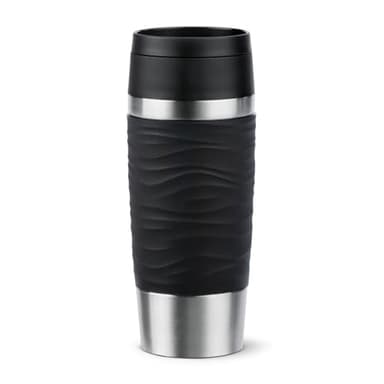 Emsa Travel Mug 360ml Wave Thermobecher, neuer Komfort-Schraubverschluss, Isolierbecher Edelstahl, 4h heiß und 8h kalt, 100% dicht, spülmaschinenfest, 360°-Trinköffnung, schwarz, N20212